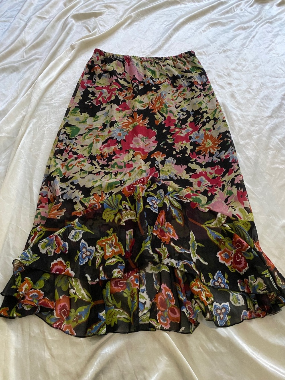 Vintage 1990s Multicolor Abstract Floral High Low Midi Skirt Boho Medium